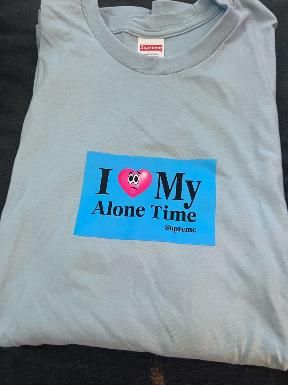 Supreme Light Gray Tee with Blue Box and Pink Heart Graphic